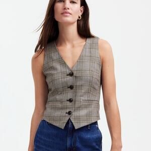 MADEWELL Wool Blend Waisted Vest in Yarn-Dye Plaid Brown Tan Career Women’s 14